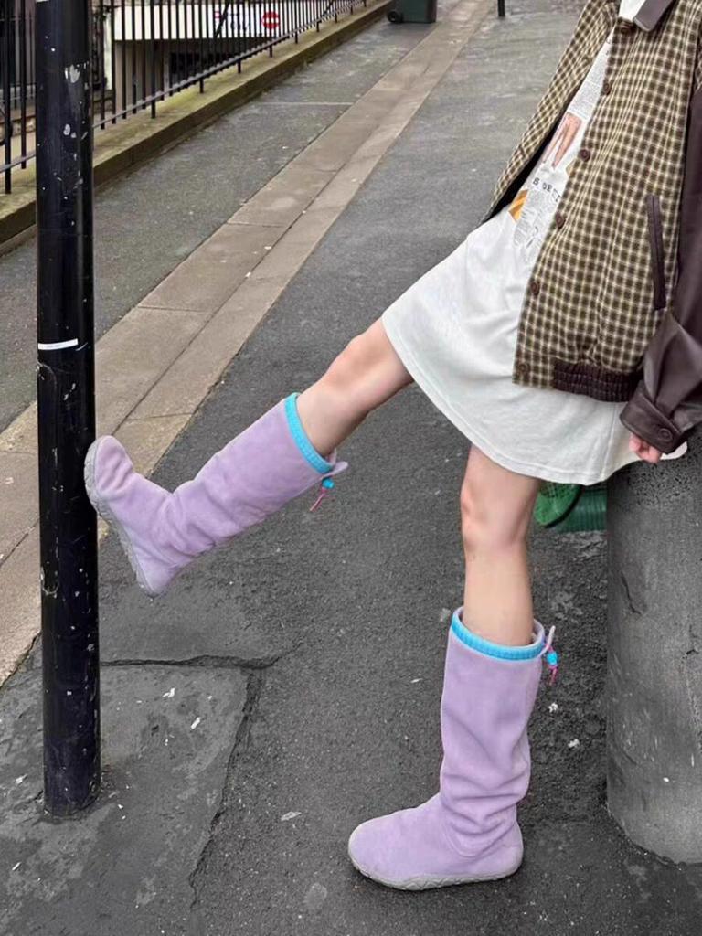 Women Design Purple Pleated Long Boots Women Autumn Winter New Non-slip Warm Snow Boot Slip On Thick Heels Knee Knight Botas