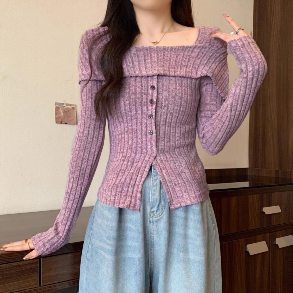 Весенняя женская однобортная блузка с квадратным вырезом и длинным рукавом