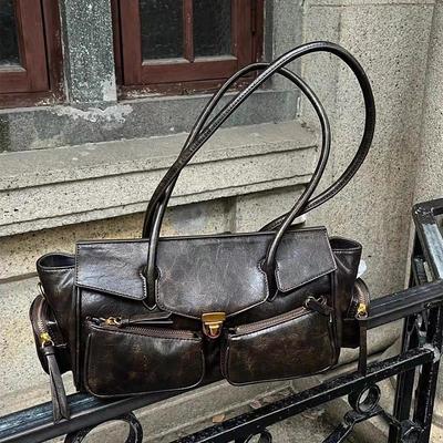 Винтажная сумка подмышку для девочки Универсальная сумка Многокарманная мотоциклетная сумка Роскошная дизайнерская сумка Кожаная сумка на ремешке-спагетти