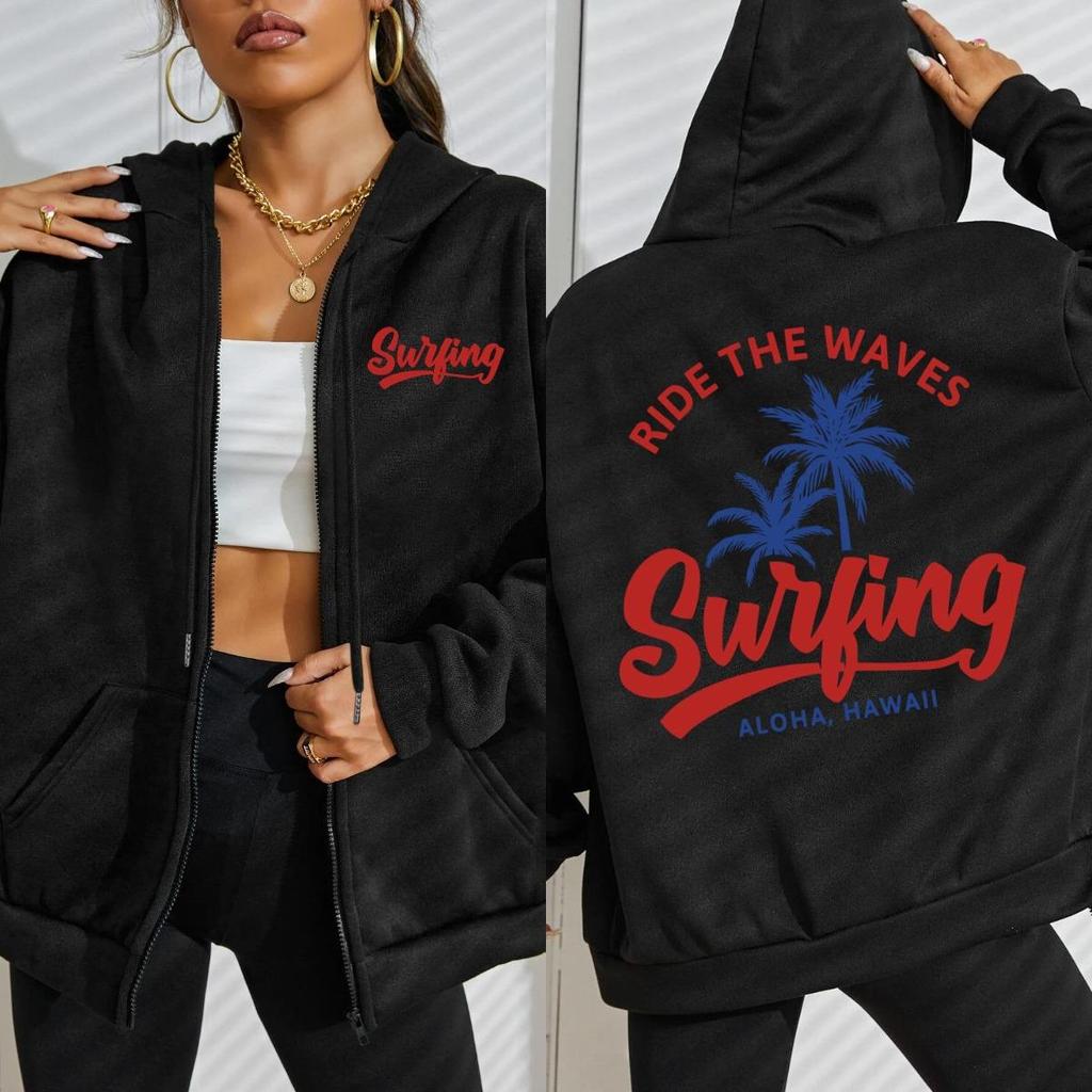 Ride The Waves Surfing Aloha Hawaii Coconut Tree Print Women Zipper Hoodie Y2K Loose Hoody Sportswear Autumn Fleece Top