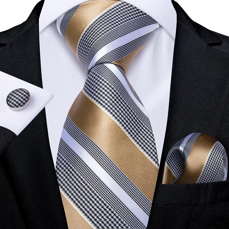 Mens Silk Tie Set Gold Tie Ring Striped Necktie Hanky Cufflinks for Business Party Dibangu