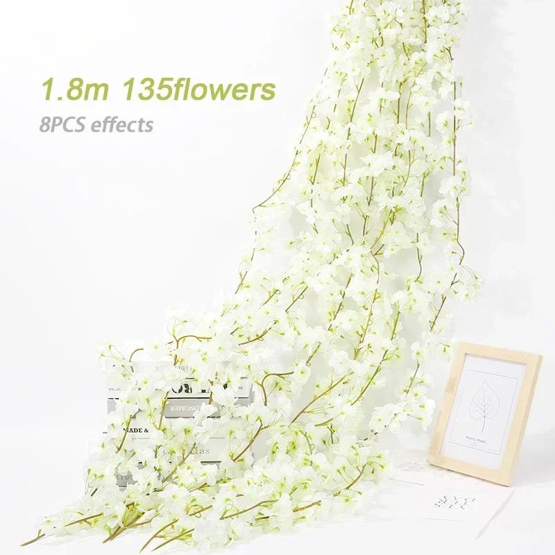 Artificial Flowers Cherry Blossoms Vines Silk Flowers Sakura Rattan Christmas Ornament Hanging Garland Wedding Home Decoration
