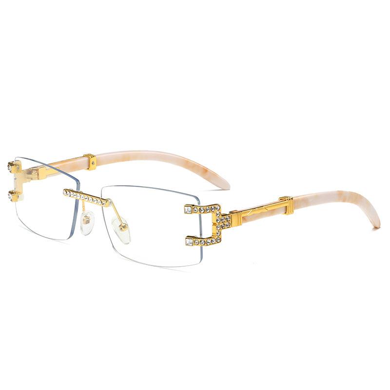 Sunglasses Frameless Square Small Frame Sunglasses Diamond-Encrusted Men'S Wood Grain Foot Glasses