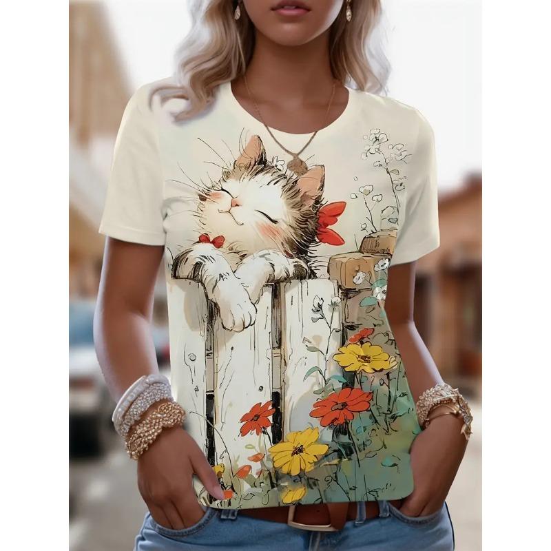 Летняя женская футболка с круглым вырезом, модная уличная футболка с коротким рукавом, 3D-принт с изображением кота, женская одежда больших размеров
