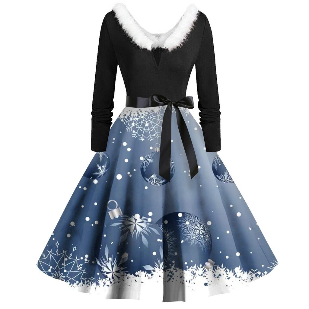 Women Vintage Long Sleeve Christmas Print 1950s Housewife Evening Party Prom Dress