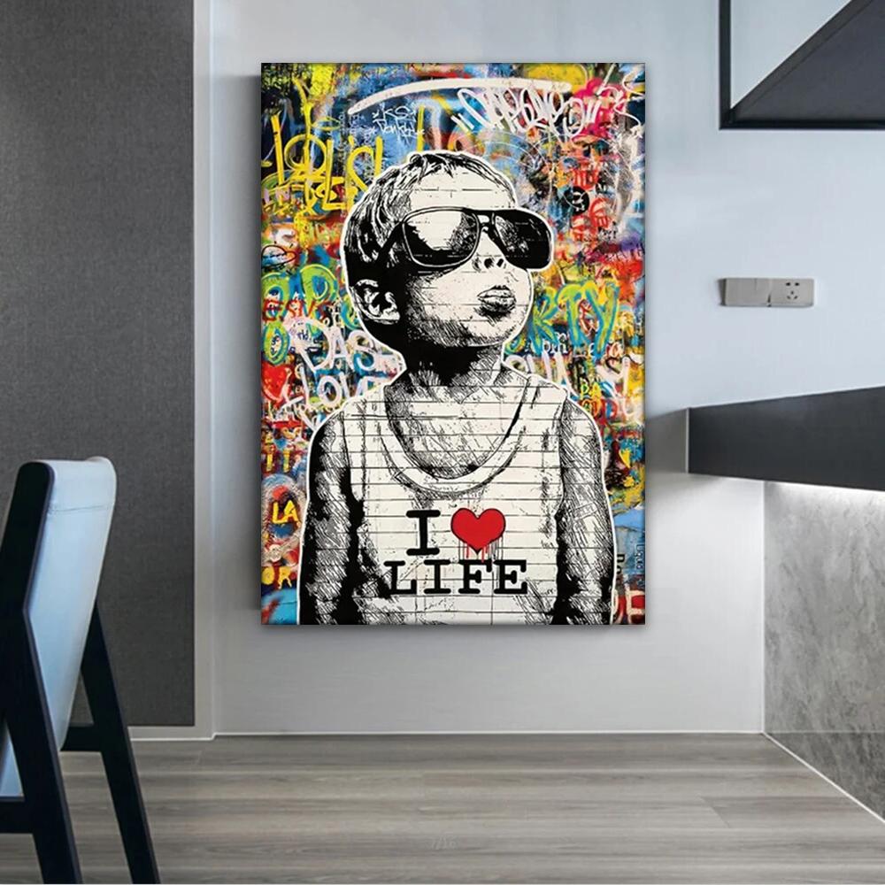 Граффити Бэнкси Я люблю жизнь Маленький мальчик Плакаты и принты Настенные картины на холсте Уличный поп-арт для спальни Гостиная Декор