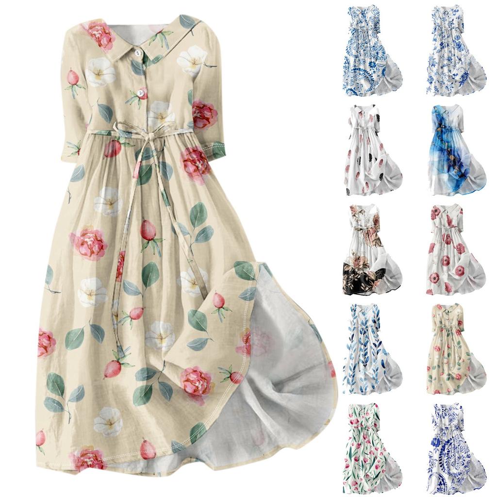 Women's Fashion Vintage Floral Print Lapel Button Three Quarter Sleeves Strappy Dress