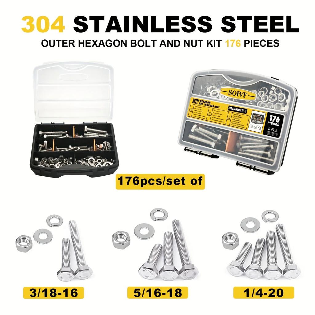 176Pcs Imperial Hex Bolts Kit: Stainless Steel Screws, Nuts, Washers for Machinery, Industry, Automotive and Heavy-Duty DIY