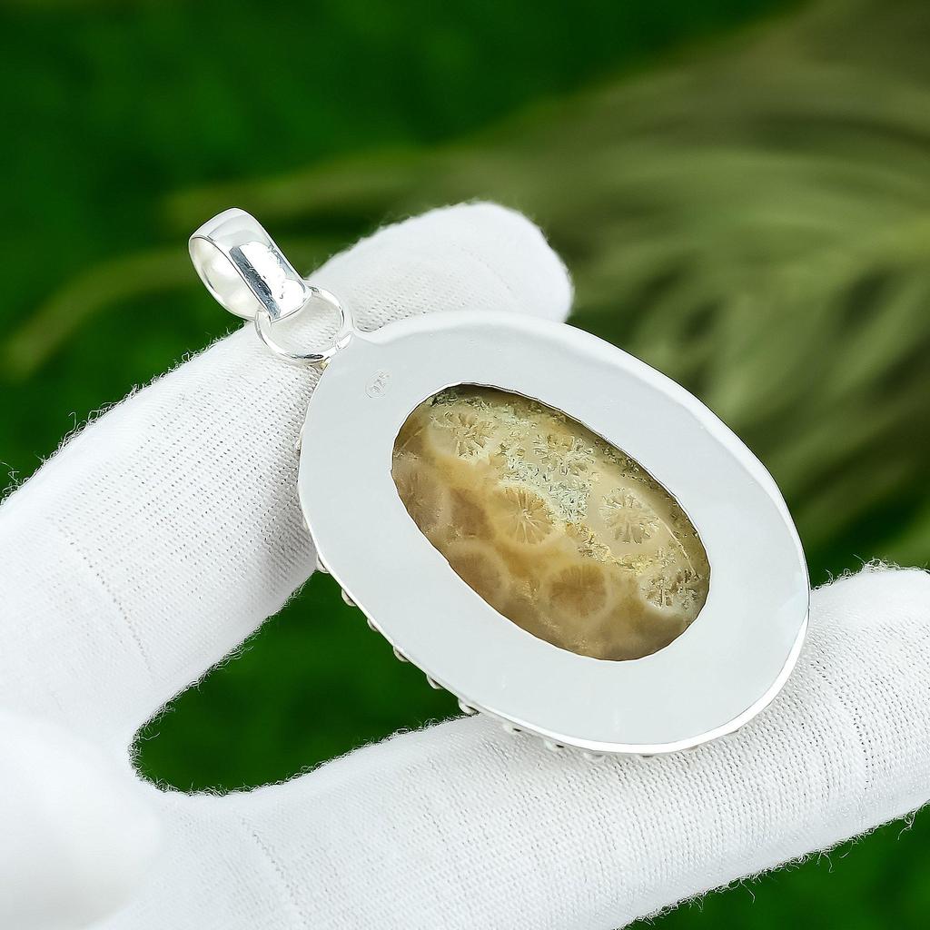 Oval Fossil Coral Gemstone 925 Silver Birthday Sister Bezel Root Chakra Pendant