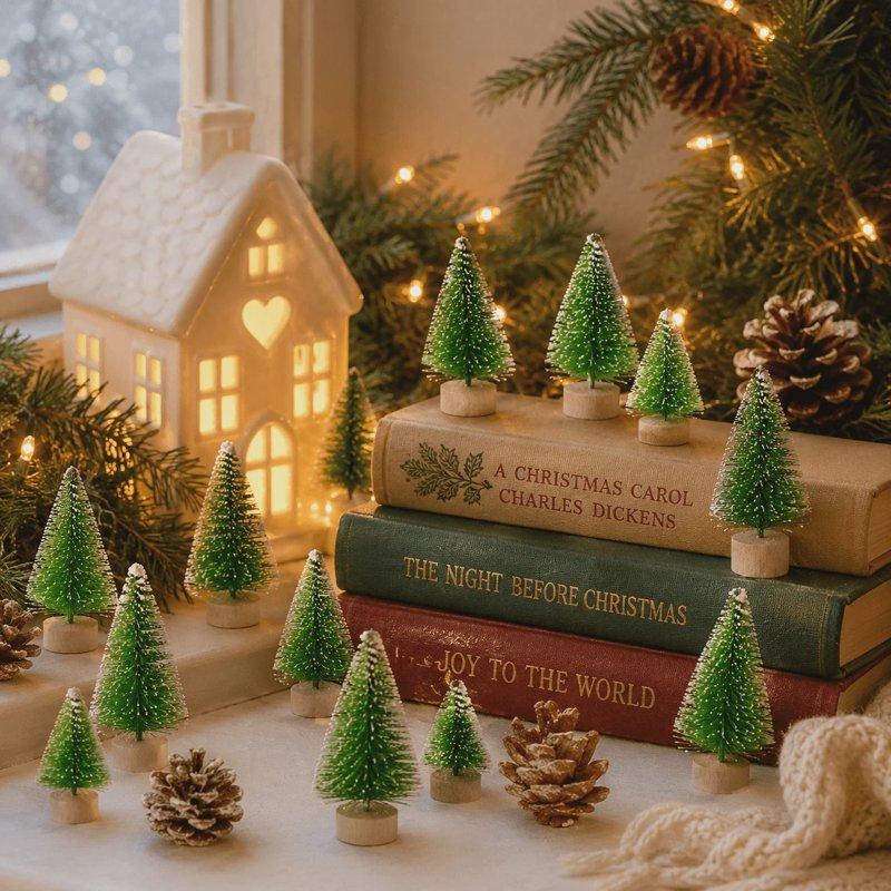 DIY Village Decor Mini Christmas Trees 50Pcs Snow Flocked Bottle Brush Pine Trees with Wooden Base