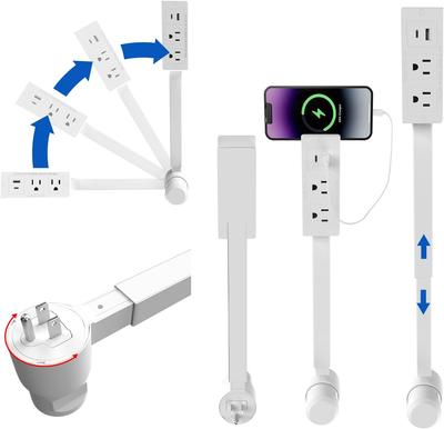 Удлинитель электрической розетки с USB-A, USB-C и 2 электрическими розетками переменного тока. Удлинитель-стик для труднодоступных мест. Удлиняется на 22"-27", поворачивается на 180°.