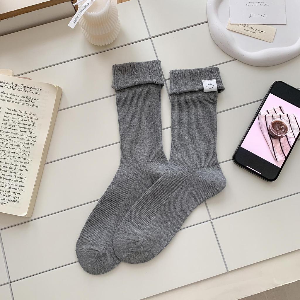 Женские гольфы до середины икры с отворотом и смайликом - Корейский стиль, Европейский тренд, Осень-Зима, Простой дизайн