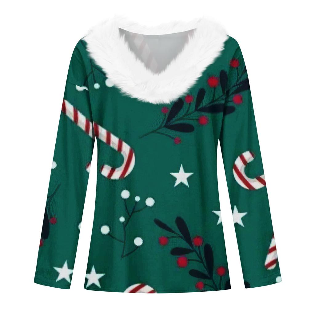 Women's Fashion Long Sleeve Christmas Print Party Collar V-Neck Top