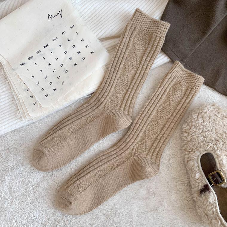 Толстые носки средней длины с ромбовидной сеткой, женские, белые, утолщенные, теплые, однотонные, повседневные, хлопковые носки в стиле колледжа