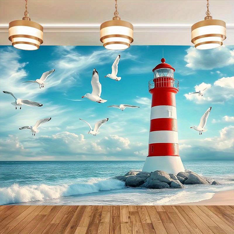 Lighthouse Seagull Party Banner, Coastal Polyester Backdrop for Home Wall Decor and Props