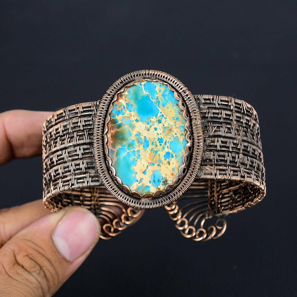 Синий морской осадок, драгоценный камень, чистая медная проволока, завернутая в манжету/браслет ручной работы, регулируемые ювелирные изделия