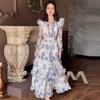 Летнее женское платье для чаепития в европейском и американском французском стиле 2024 года - Приталенное, Стройнящее, Длинное платье с принтом