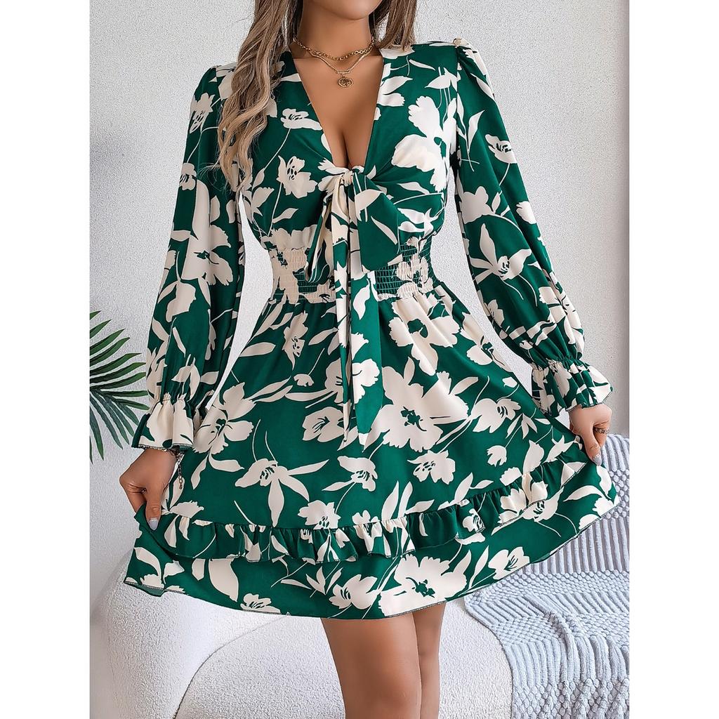 QICED Autumn and Winter Casual Flower Long-sleeved Black Ear-trimmed A-line Dress Women's Clothing