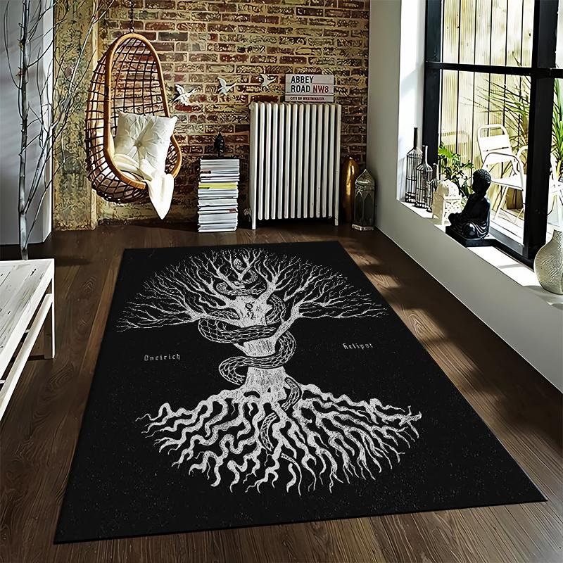 Mystical Tree with Serpent Design Printed Carpet Black and White Gothic Style Suitable for use as an anti-slip for room and bedroom sofas