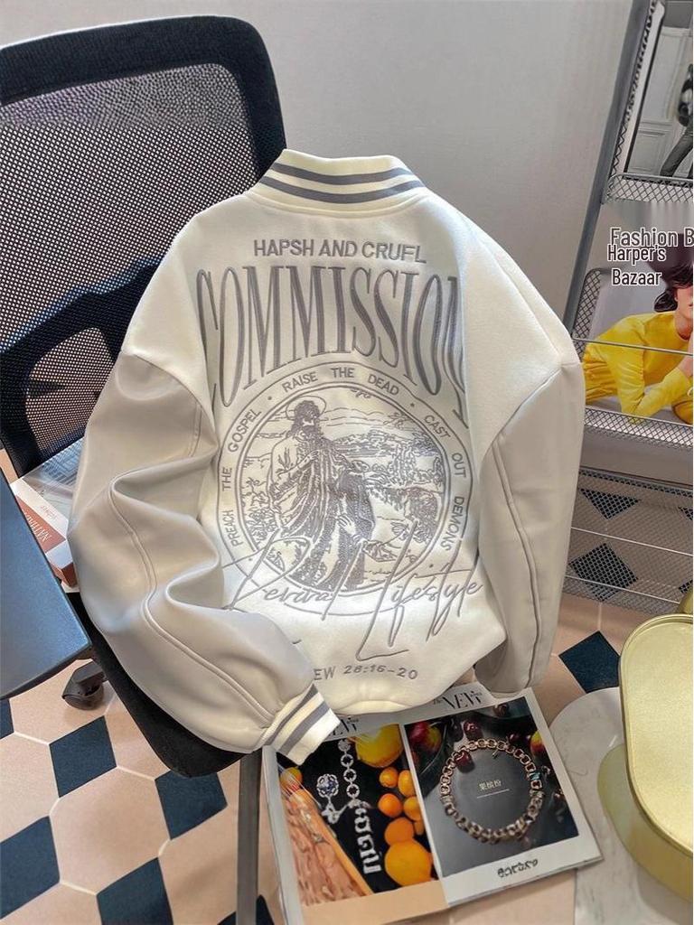 Мужская осенне-зимняя свободная бейсбольная куртка с американской вышивкой и кожаными рукавами