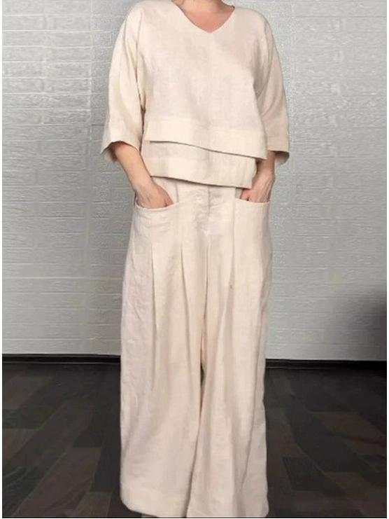 Комплект в европейско-американском стиле 2025 года: однотонный топ с круглым вырезом и брюки прямого кроя со средней посадкой