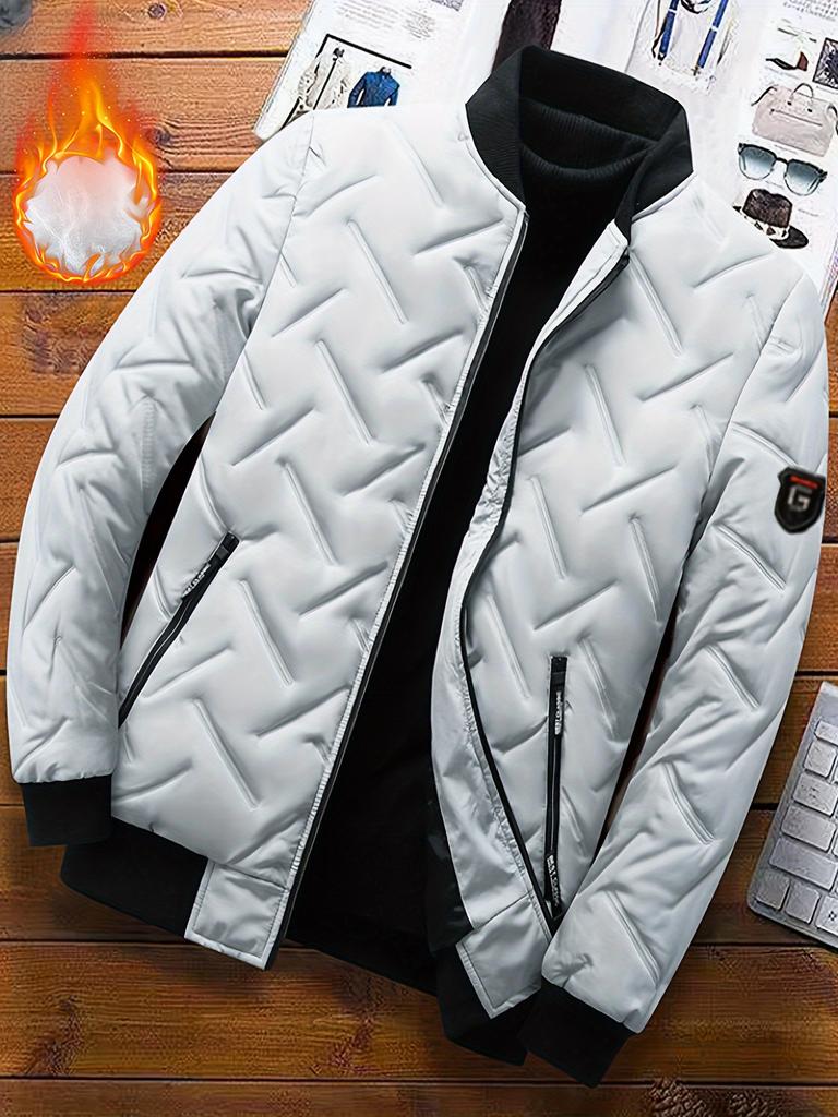 Men'S Casual Striped Polyester Jacket with Zipper, Baseball Collar, and Non-Stretch Fabric - Woven Fall/Winter Warmth Coat Outerwear, Thick