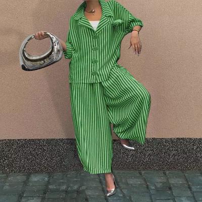 Комплект из 2 предметов: рубашка и брюки, полосатый принт, однобортная блузка с отложным воротником, большими пуговицами, эластичный пояс