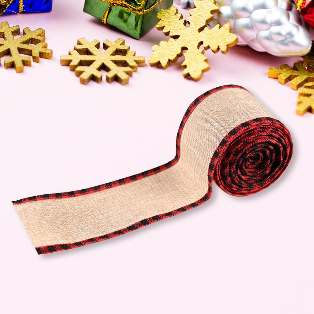 Christmas Holiday Gift Wrapping Ribbon With Red Black Plaid Faux Linen For Festive Decorations