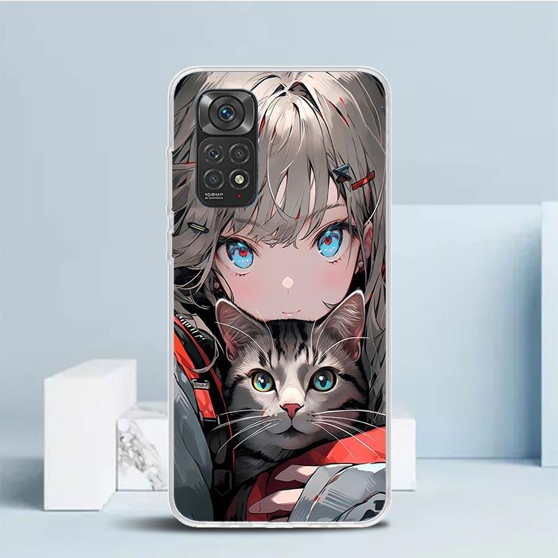Милый черный кот в стиле аниме Чехол для телефона Xiaomi Redmi Note 15 14 14S 13 12S 12 Pro Plus 11S 11 11T 11E 10S 10 + Мягкий ТПУ Задняя крышка C