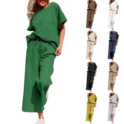 Женский повседневный модный сексуальный новый однотонный текстурированный спортивный костюм из двух частей со шнурком