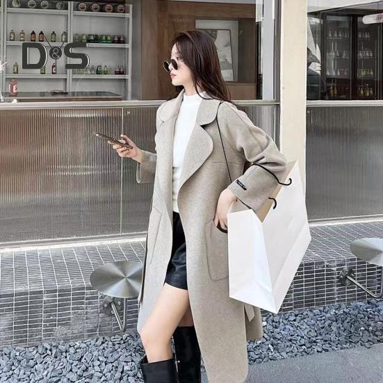 Fall Winter Women Overcoat Turn Down Collar Long Sleeve Open Stitch Pockets Loose Mid Length Solid Color Soft Warm Thick Lady Mid Calf Length Coat