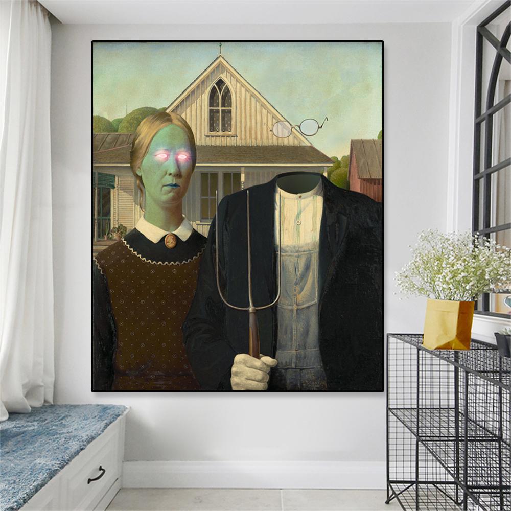 Vintage Portrait Poster American Gothic Art Print Canvas Painting Funny Design Wall Art Abstract Pictures for Gallery Home Decor