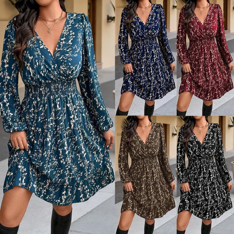 Plus Size Women S V Neck Bubble Long Sleeve Floral Vintage Mini Dress