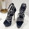 New Fashion Peep Toe Zip Platform Pumps Super High Heels Sexy Rhinestone Sandals For Women Wedding Stripper Shoes Stiletto