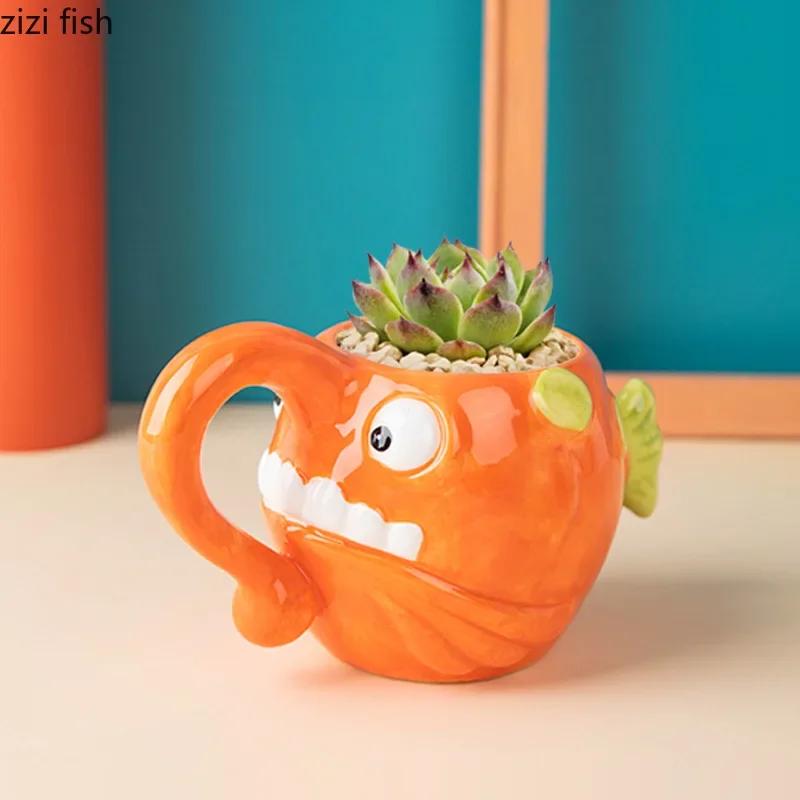 Cartoon Ocean Animal Water Cup Lantern Fish Ceramic Mug Coffee Cups Large Capacity Breakfast Cups Milk Tea Cup Flowerpot Tea Mug