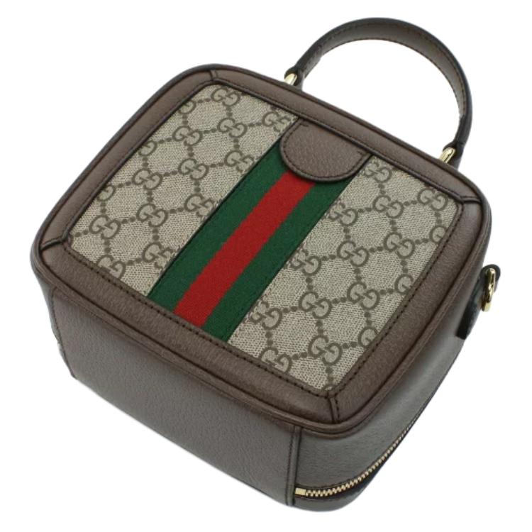 Gucci Ophidia GG Мини Сумка-косметичка с верхней ручкой Бежевый Канвас Коричневая Кожа Красная Зеленая Лента Золотая Фурнитура 772157-96IWG-8745