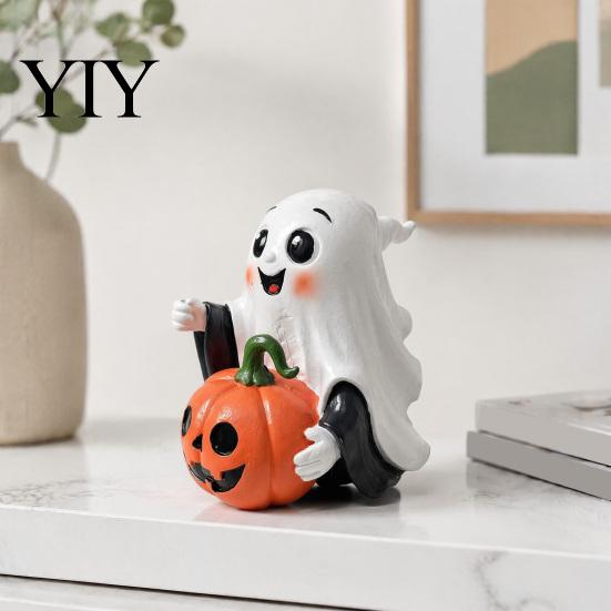 Creative Holiday Gifts for Friends Halloween Ghost Decoration, Holding Pumpkin Resin Figurine with Witch Spooky Table Ornaments Hat, Cute Tabletop