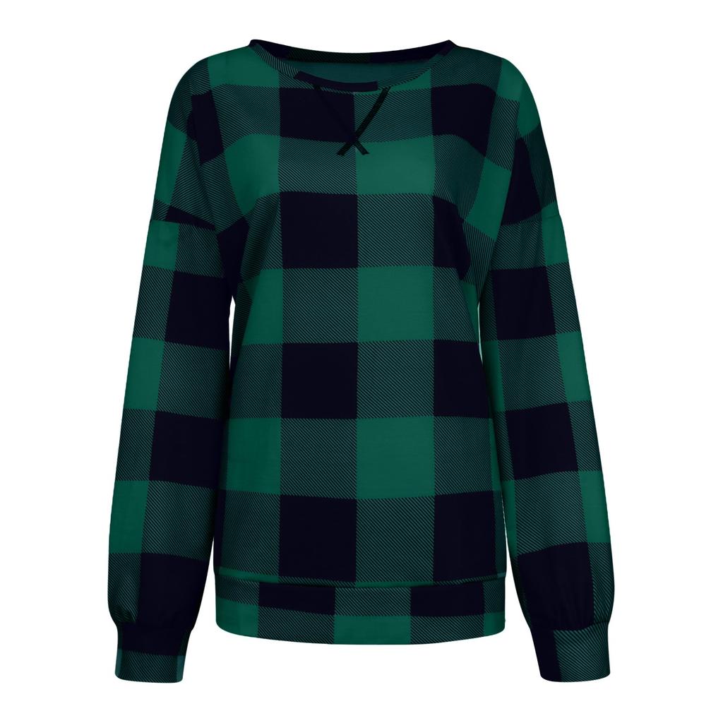 Women's Fashion Plaid Printed Hem Slit Long Sleeve Mid-Long T-shirt