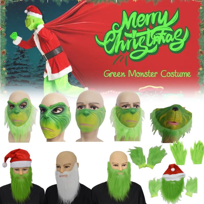Маска Гринча на пол-лица с зелеными волосами и причудливым дизайном для рождественских празднований