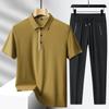 Мужская летняя шелковистая рубашка-поло с лацканами, костюм с короткими рукавами, молодежные брюки из ледяного шелка, повседневные спортивные комплекты из двух комплектов