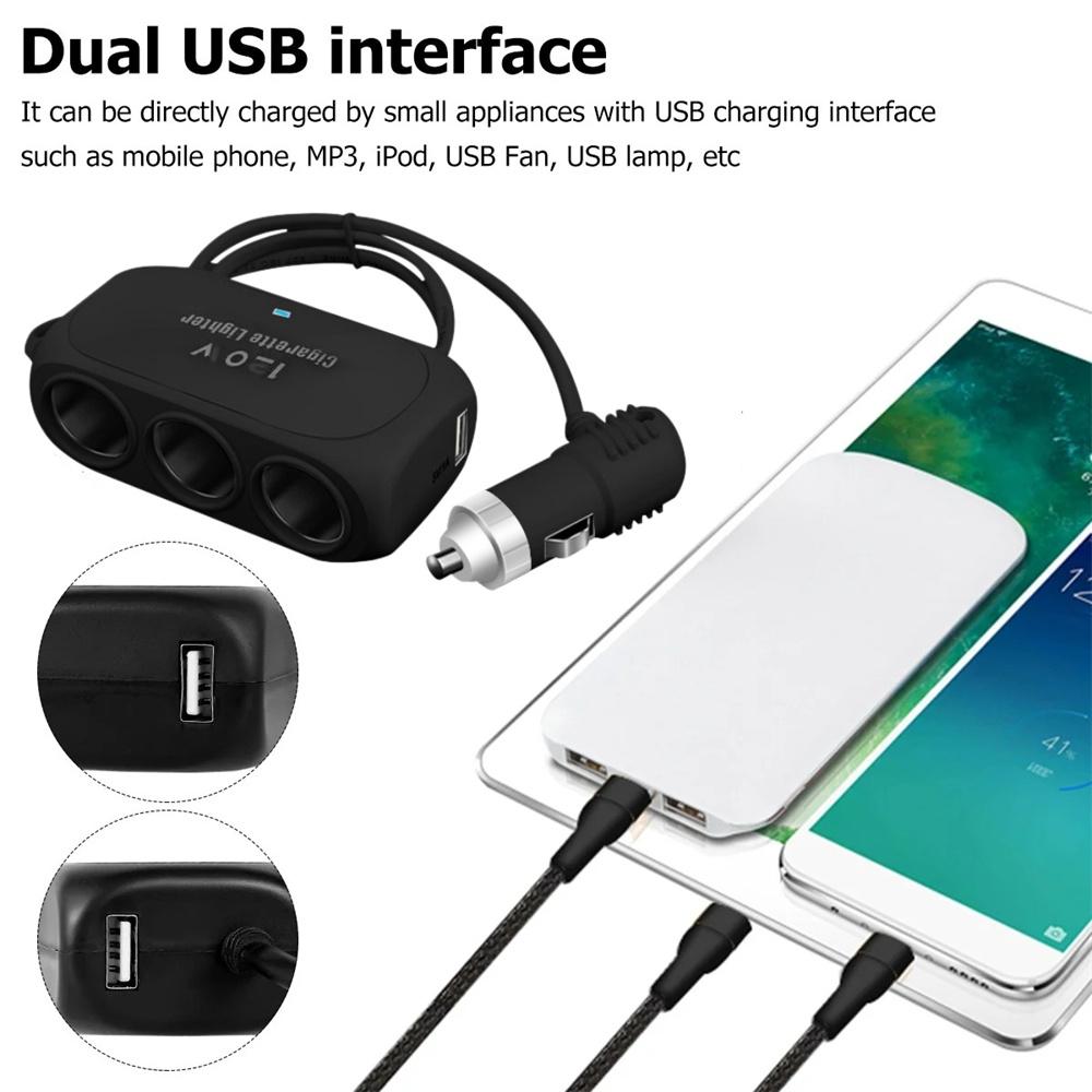 Автомобильный адаптер питания 120 Вт 3-в-1 от прикуривателя 12 В 24 В Двойной USB Быстрая зарядка Разветвитель для мобильного телефона для видеорегистратора GPS DVR