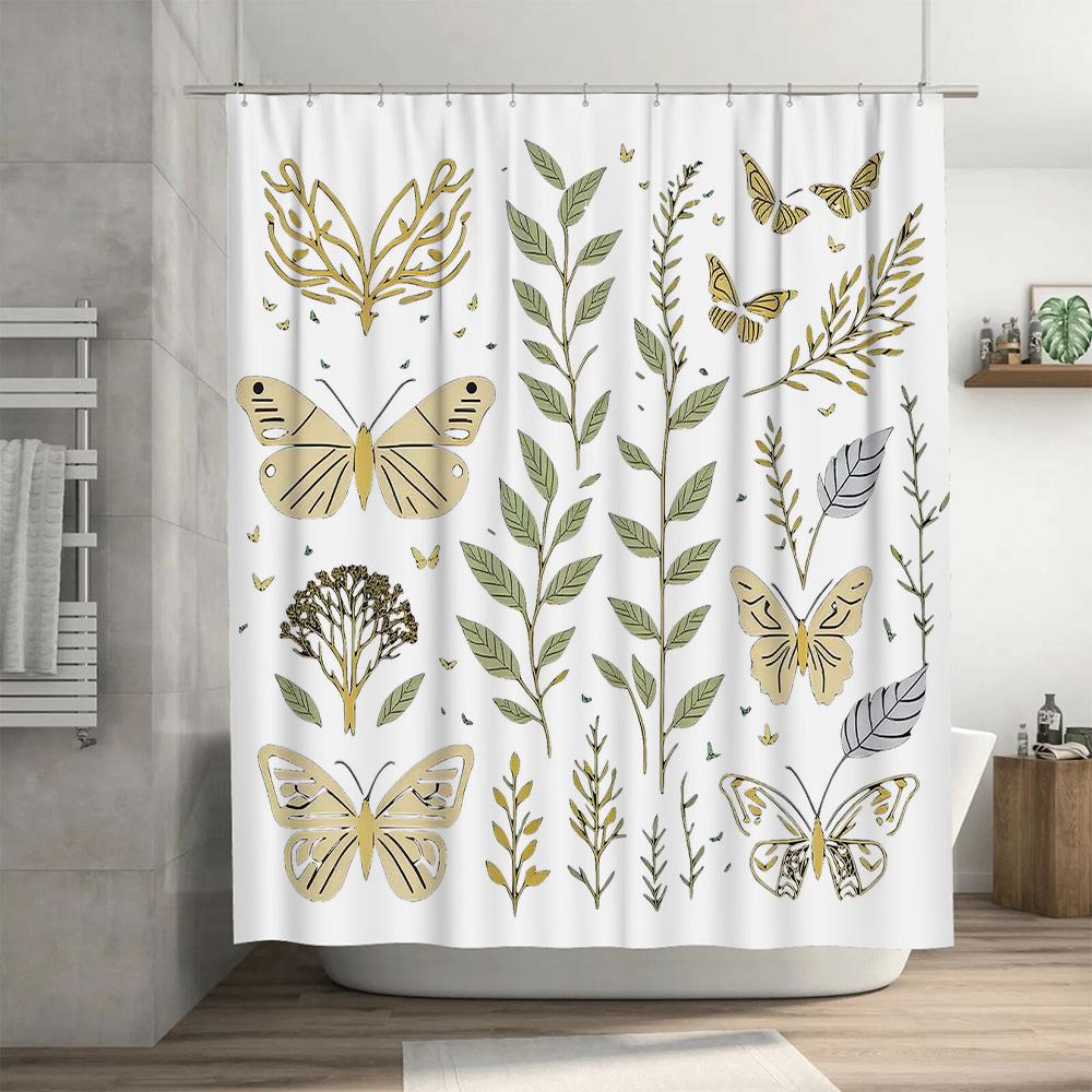 Delightful Floral Butterflies Shower Curtain 180 x 243cm Waterproof Home Decor for Bathrooms in Gold White Color Scheme Modern B