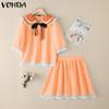 VONDA Two Picecs Women Naval Collar Lace Hem Striped Texture T-shirts and Shorts Sets