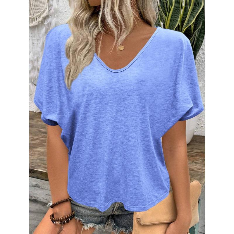 Летняя свободная повседневная женская футболка с короткими рукавами, однотонная, с V-образным вырезом, простая офисная, элегантная, модная, топы больших размеров, блузка, базовые женские рубашки