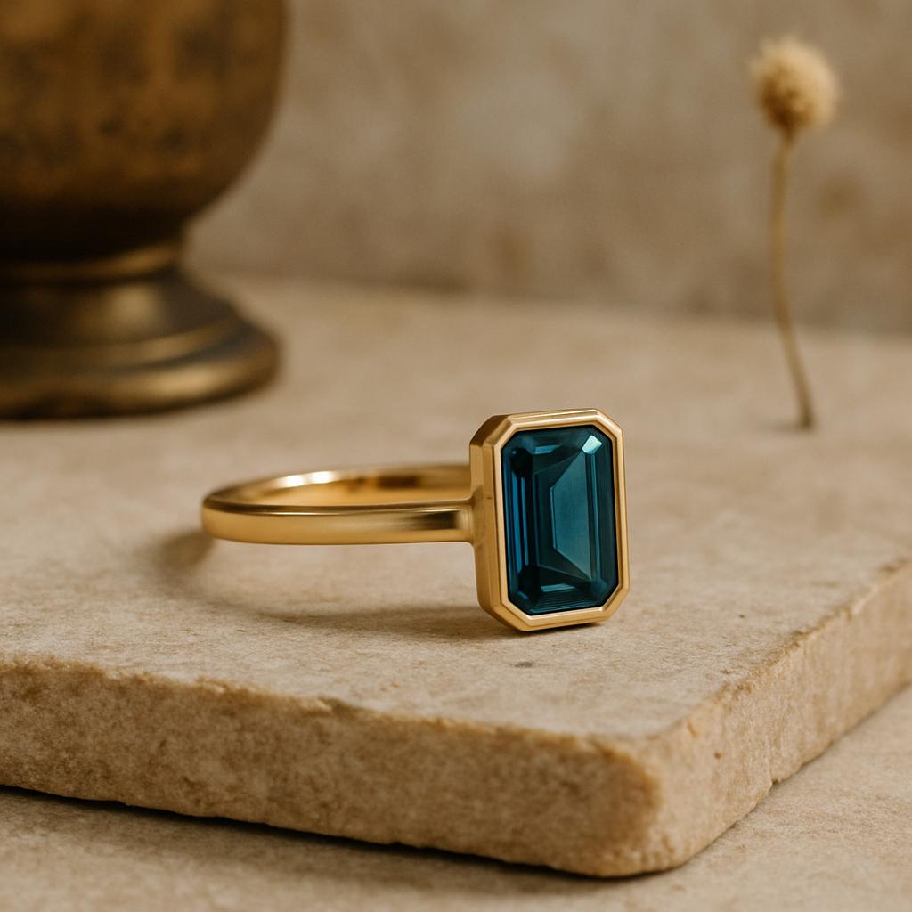 Emerald Cut Topaz Stone Engagement Ring, Bezel Set Yellow Gold Plated Band, Modern Bridal Jewelry, Promise Ring for Her