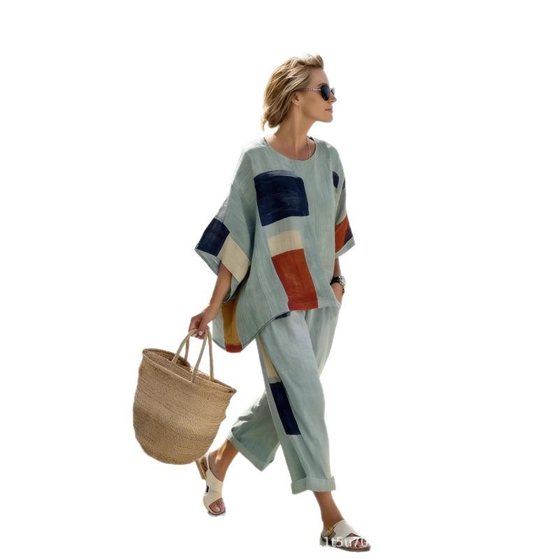 Comfortable seven-quarter sleeve two-piece set Bohemian women's clothing printed casual suit European and American
