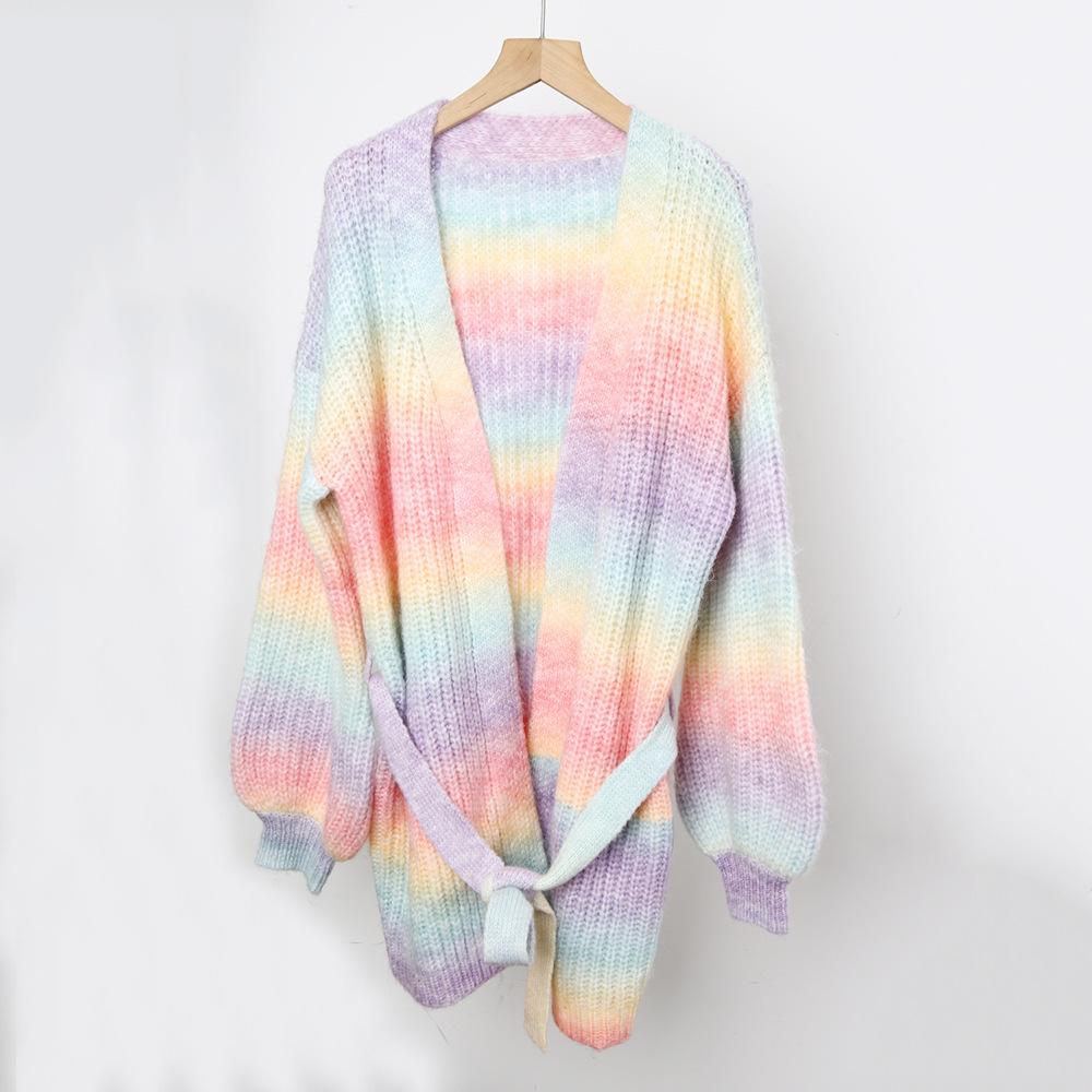Winter Sweater, Rainbow Tie-dyed Mid-length Loose Cardigan, Women's Knitted Sweater Coat