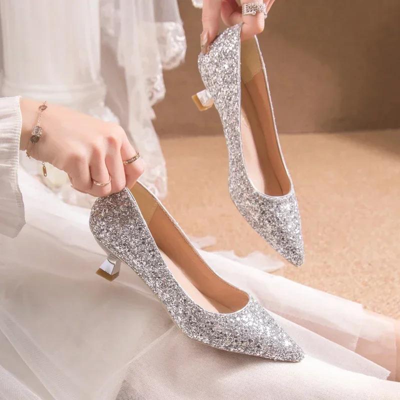 Crystal Wedding Shoes Female 2024 New Gold Bridesmaid High Heels Bridal