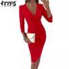 Women's Fashion Spring Autumn Solid Color Print Long Sleeve V-Neck High Waist Casual Dresses