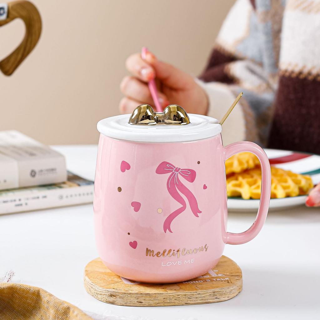 Керамическая чашка с розовой крышкой и бантом в виде сердца для девочек, офисный набор из керамической чашки и ложки, симпатичная кружка